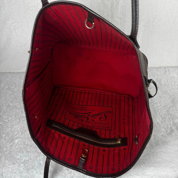 Louis Vuitton Neverfull MM Damier Ebene Tote Bag Cherry Red Interior Brown Check - Picture 4 of 16